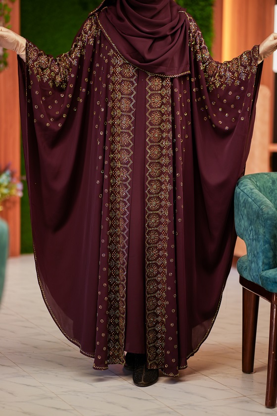 Gorgious Floral Party Abaya ( KADI -DEEP MAROON )